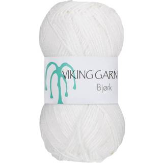 Viking Bjørk 500 Hvid Indhold: 50% Bambus, 50% bomuld Vægt/længde: 50 g = ca. 147 meter Anbefalet pind: 3 mm Anbefalet hæklenål: 2.5 mm Strikkefasthed: 10 cm = 25 m Vask: 40°C / Tørres fladt.