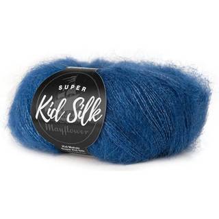 Mayflower Super Kid Silk 57 Limoges blå Indhold: 76% mohair, 24% silke Vægt/Længde: 25 g = ca. 195 m Anbefalede pinde: 4.5-5 mm Strikkefasthed: 10 x 10 cm = 22 m x 27 p Vask:Håndvask/ Tåler ikke tørretumbling.