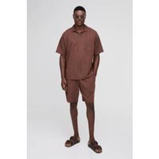Mens Brown Oversized Textured Marl Revere Polo Shorts Set