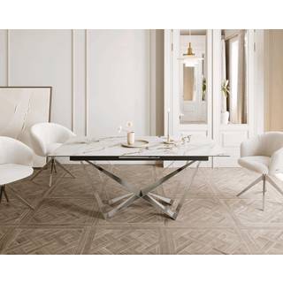 Esstisch Edge 180-220x100 Keramik Calacatta Luxe Weiß-Gold-Grau Spider Flachstahl Edelstahl ausziehbar