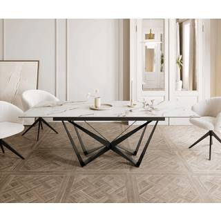 Esstisch Edge 180-220x100 Keramik Calacatta Luxe Weiß-Gold-Grau Spider Flachstahl Schwarz ausziehbar