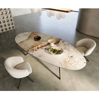 Esstisch Edge Oval 280x130 Keramik Minas Melange Weiß-Beige Estelar rund Metall Effektfinish Titan