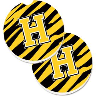 """" Caroline's Treasures Monogram Initial H Tiger Stripe - Black Gold Set med 2 Cup Holder Car Coasters CJ1026 -HCARC 2.56 Multicolor """"