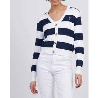 U. S. Polo Assn U. S. Polo Assn Blue Womens Stripe Loose Cable Knit 100% Cotton Cardigan