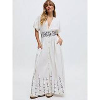 Raffya Raffya Cream Sally Ann Embrodied 100% Cotton Dress with Brown Stitching
