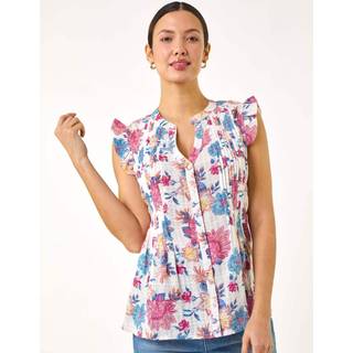 Roman Roman Pink Floral Print Pintuck Frill 100% Cotton Blouse