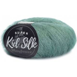 Mayflower Super Kid Silk 116 Støvet grønirsk Indhold: 76% mohair, 24% silke Vægt/Længde: 25 g = ca. 195 m Anbefalede pinde: 4.5-5 mm Strikkefasthed: 10 x 10 cm = 22 m x 27 p Vask:Håndvask/ Tåler ikke tørretumbling.