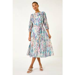 Roman Roman White Blurred Print Pleat Neck Midi Dress