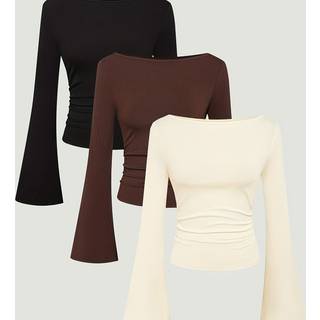 TEMU 3pcs Women's Summer Solid Color Casual T-shirts - Breathable, Comfortable, And Stylish Long Sleeve Tops With Ribbed Neckline, Perfect For Casual Attire, Casual Attire Tops | Solid Color Tops |