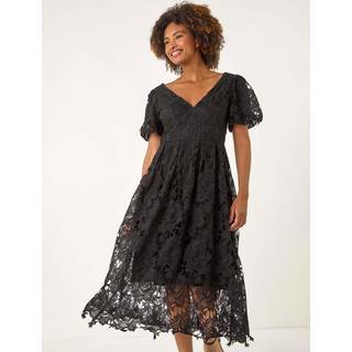 Roman Roman Black Crochet Lace V-Neck Midi Dress
