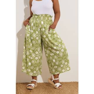 Yours Curve Yours Curve Green Shirred Asymetric Hem Cropped Trousers