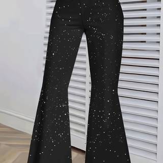TEMU Elegant Black Flare Leg Pants With Starry Pattern - Stretchy Polyester Knit Fabric, All , Adult Fashion, Stylish Wide-leg Pants|starry Pattern Pants|stretchy Fabric