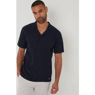 Threadbare Threadbare Blue Textured Panel Cuban Collar Knitted Shirt