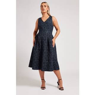 Yours Curve Yours Curve Blue London Jacquard V-Neck Prom Skater Dress