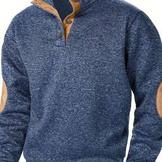 TEMU Men's Stand Collar Long Sleeve Casual Hoodie Top - Autumn Winter Warm Pullover With Button Detail, Solid Color Regular Fit For Casual Attire