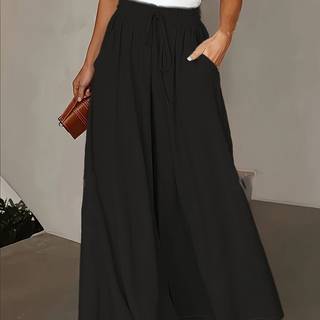 TEMU Women's Casual High-waisted Wide-leg Pants - Loose Fit, Drawstring Waist, , Commuting And Weekend Wear, Relaxed Fit Pants||drawstring Waistband