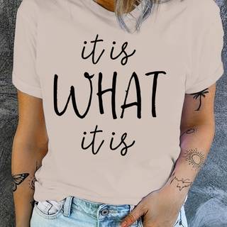 TEMU Women's " What " Letter Print T-shirt, Casual Crew Neck, Polyester Blend, Medium Stretch, Knit Fabric, Regular Fit, Short Sleeve Tee With Applique Detail