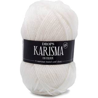 DROPS Karisma 19 Hvid (Uni Colour) Indhold: 100% Uld Garngruppe: B (20 - 22 masker) / 8 ply / DK / worsted Vægt/længde: 50 gram = ca. 100 meter Anbefalede pinde: 4 mm Strikkefasthed: 10 x 10 cm = 21 m x 28 p Finvask med forsigtig centrifugering på 40ºC / Brug aldrig skyllemiddel / Tørres fladt.