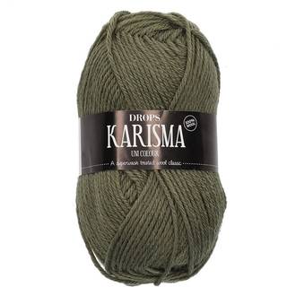 DROPS Karisma 87 Mosgrøn (Uni Colour) Indhold: 100% Uld Garngruppe: B (20 - 22 masker) / 8 ply / DK / worsted Vægt/længde: 50 gram = ca. 100 meter Anbefalede pinde: 4 mm Strikkefasthed: 10 x 10 cm = 21 m x 28 p Finvask med forsigtig centrifugering på 40ºC / Brug aldrig skyllemiddel / Tørres fladt.