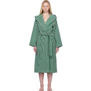 Tekla Organic Terry Hooded Bathrobe Teal Green Stripes