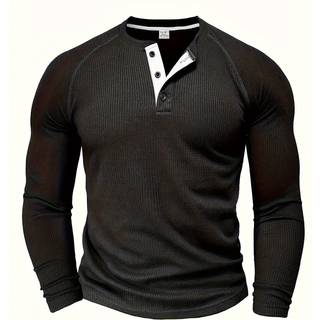 TEMU Men's Loose Solid Henley Shirt, Crew Neck Half Button Long Sleeve Shirt For Outdoor Activities