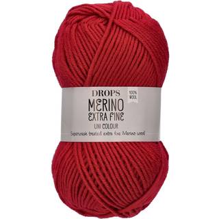 DROPS Merino EXTRA Fine 11 Crimson rød (Uni Colour) Indhold: 100% extra fine Merino uld Garngruppe: B (20 - 22 masker) / 8 ply / DK / worsted Vægt/længde: 50 gram = ca. 105 meter Anbefalede pinde: 4 mm Strikkefasthed: 10 x 10 cm = 21 m x 28 p Maskinvask, Finvask 40ºC / Brug aldrig skyllemiddel / Tørres fladt.