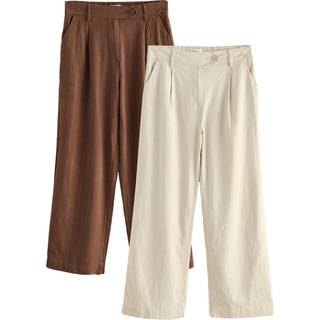 Next Brown/Cream Stay Smart Wide Leg Linen Rich Trousers 2 Pack