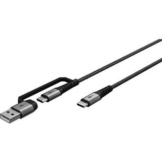 USB-C/USB-A 2.0 til USB-C lade- og datakabel, tekstil, sort/grå, 2m
