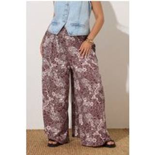 Yours Curve Yours Curve Brown/ Red Shirred Waist Wide Leg Trousers