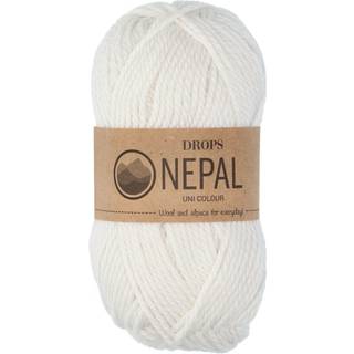 DROPS Nepal 1101 Hvid (Uni Colour) Indhold: 65% Peruvian Highland Uld, 35% Superfin Alpaca Garngruppe: C (16 - 19 masker) / 10 ply / aran / worsted Vægt/længde: 50 g = ca. 75 meter Anbefalede pinde: 5 mm Strikkefasthed: 10 x 10 cm = 17 m x 22 p Håndvask, max 30°C / Tørres fladt / Kan filtes.