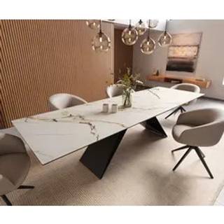 Esstisch Edge 300x100 Keramik Calacatta Luxe Weiß-Gold-Grau V-Gestell Flachstahl Schwarz