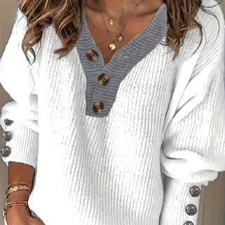 TEMU Women's Casual V-neck Sweater With Button Detail & Color - Medium Stretch Fall Winter Pullover, Relaxed Fit For Casual Attire, Sweater, Mediumstretch Fabric