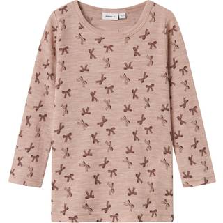 Name It Bluse Shadow Gray i Merinould Med Sløjfeprint - Str. 5y 110cm