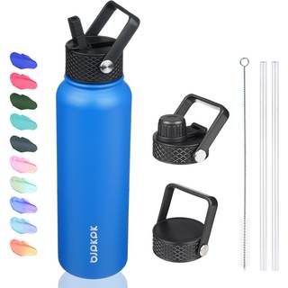 BJPKPK Isolerede vandflasker med halmlåge 40 oz Rustfrit stål Vandflasker med 3 låg store metalvand flaske BPA Gratis lækageproof termos vandflas