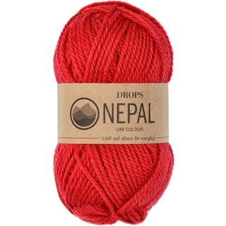 DROPS Nepal 3620 Rød (Uni Colour) Indhold: 65% Peruvian Highland Uld, 35% Superfin Alpaca Garngruppe: C (16 - 19 masker) / 10 ply / aran / worsted Vægt/længde: 50 g = ca. 75 meter Anbefalede pinde: 5 mm Strikkefasthed: 10 x 10 cm = 17 m x 22 p Håndvask, max 30°C / Tørres fladt / Kan filtes.