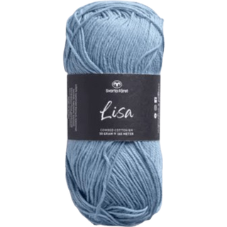 Svarta Fåret Lisa 069 Lykkelig blå Indhold: 100% kæmmet bomuld Vægt/længde: 50 g = ca. 165 meter Anbefalede Pinde: 3mm Strikkefasthed: 10 cm = 28 m Vask: Maskinvask ved 40℃ / Tåler ikke tørretumbling.
