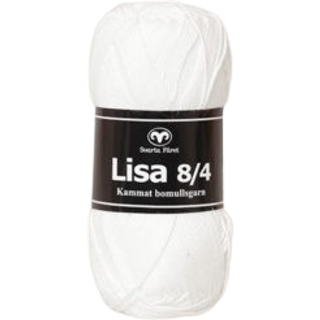Svarta Fåret Lisa 004 Snehvid Indhold: 100% kæmmet bomuld Vægt/længde: 50 g = ca. 165 meter Anbefalede Pinde: 3mm Strikkefasthed: 10 cm = 28 m Vask: Maskinvask ved 40℃ / Tåler ikke tørretumbling.