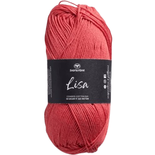 Svarta Fåret Lisa 046 Cherrytomat Indhold: 100% kæmmet bomuld Vægt/længde: 50 g = ca. 165 meter Anbefalede Pinde: 3mm Strikkefasthed: 10 cm = 28 m Vask: Maskinvask ved 40℃ / Tåler ikke tørretumbling.