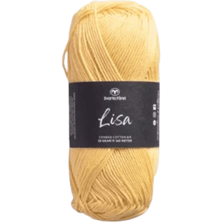 Svarta Fåret Lisa 031 Smørblomstgul Indhold: 100% kæmmet bomuld Vægt/længde: 50 g = ca. 165 meter Anbefalede Pinde: 3mm Strikkefasthed: 10 cm = 28 m Vask: Maskinvask ved 40℃ / Tåler ikke tørretumbling.