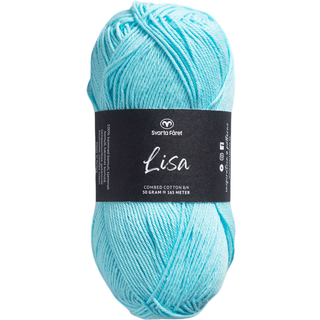 Svarta Fåret Lisa 079 Paradisblå Indhold: 100% kæmmet bomuld Vægt/længde: 50 g = ca. 165 meter Anbefalede Pinde: 3mm Strikkefasthed: 10 cm = 28 m Vask: Maskinvask ved 40℃ / Tåler ikke tørretumbling.