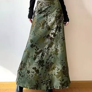 TEMU Elegant Print A-line Maxi Skirt For Women - High Waist, Flowy Green & Beige , Spring/summer Fashion, Semiformal Attire | Patterned Long Skirt | Fabric