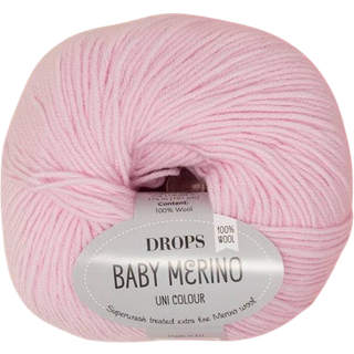 DROPS BABY Merino 05 Lys Rosa (Uni Colour) - mørkere end billedet Indhold: 100% extra fine Merino uld Garngruppe: A (23 - 26 masker) / 5 ply / sport Vægt/længde: 50 gram = ca. 175 meter Anbefalede pinde: 3 mm Strikkefasthed: 10 x 10 cm = 24 m x 32 p Maskinvask, Finvask 40ºC / Brug aldrig skyllemiddel / Tørres fladt.
