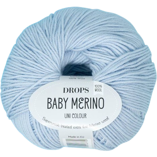 DROPS BABY Merino 53 Morgendug (Uni Colour) Indhold: 100% extra fine Merino uld Garngruppe: A (23 - 26 masker) / 5 ply / sport Vægt/længde: 50 gram = ca. 175 meter Anbefalede pinde: 3 mm Strikkefasthed: 10 x 10 cm = 24 m x 32 p Maskinvask, Finvask 40ºC / Brug aldrig skyllemiddel / Tørres fladt.