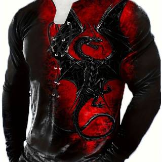 TEMU Men's 3d Dragon Print Henley Shirt - Casual Long Sleeve, Stretch Fabric, Machine Washable - Spring & Fall