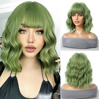 Grøn paryk med bang 13 tommer farvede parykker skulderlængde bob krøllet bølget grønt hår til kvinder charmerende varmebestandig syntetisk paryk