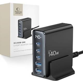 Tech-Protect DC140W GaN 5-Port Desktop Charger med 3x PD USB-C, 2x QC 3.0 USB-A - Sort