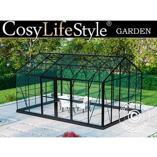 Orangeri, drivhus Glas 16,5m², 4,45x3,71x3,16m m/sokkel og tagudsmykning, Sort