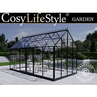 Orangeri, drivhus glas 13,3m², 4,45x2,99x2,95m m/sokkel og tagudsmykning, Sort