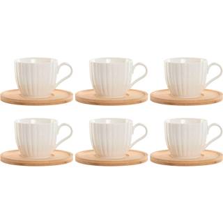 Sæt med 6 kopper og underkopper Home ESPRIT Hvid Natur Bambus Porcelæn 220 ml