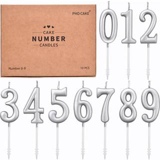 Ph.d.-kage 10-stykker sølv numeriske fødselsdagslys kage numeriske stearinlys nummer 0-9 glitter kage topper dekoration til fødselsdag bryllupsda